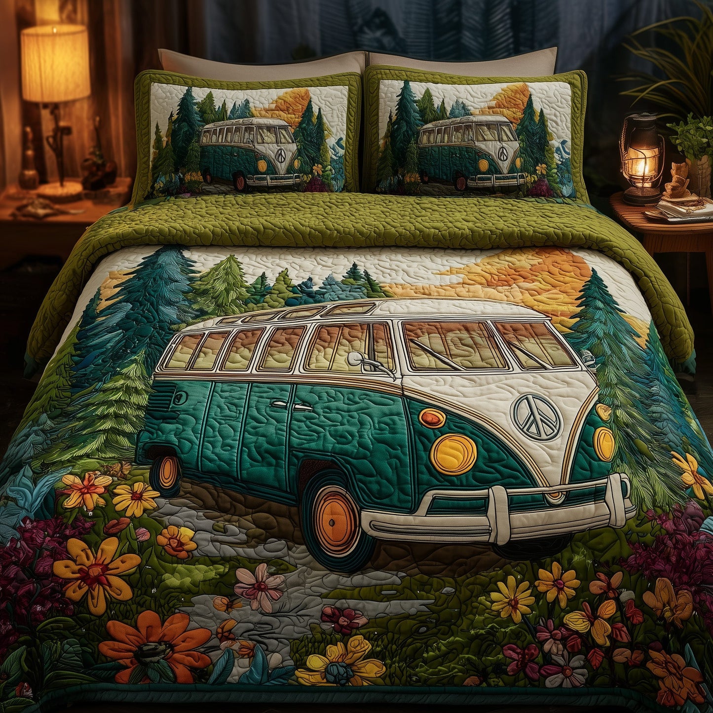 Camping Hippie Van 3-Piece Quilted Bedding Set GFTOYC74
