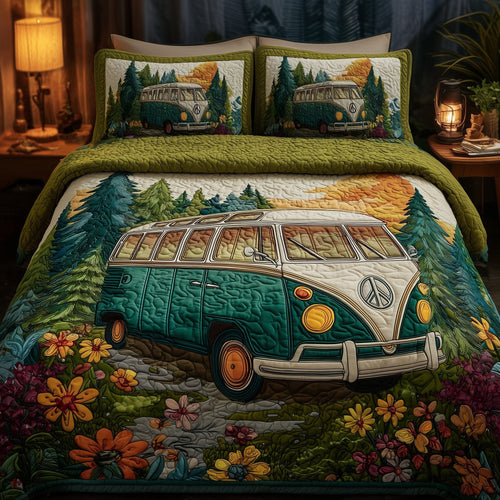 Camping Hippie Van 3-Piece Quilted Bedding Set GFTOYC74
