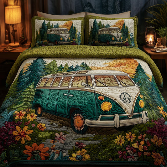 Camping Hippie Van 3-Piece Quilted Bedding Set GFTOYC74