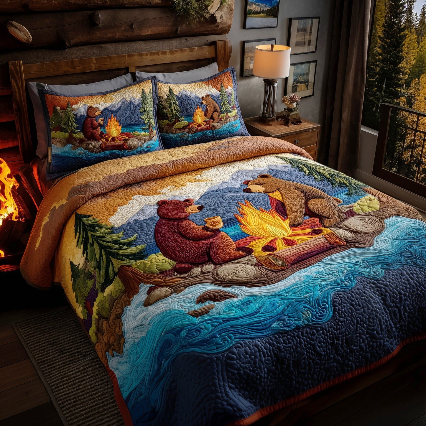 Camping Bears 3-Piece Quilted Bedding Set GFTOYC75