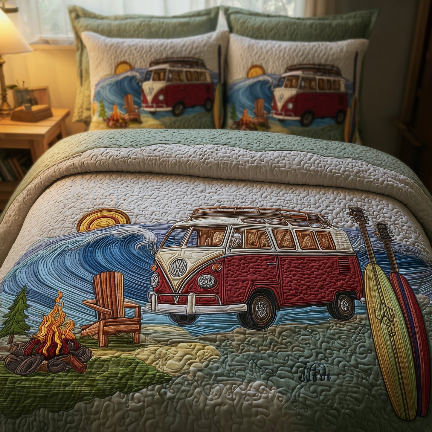Camping Hippie Van 3-Piece Quilted Bedding Set GFTOYC76