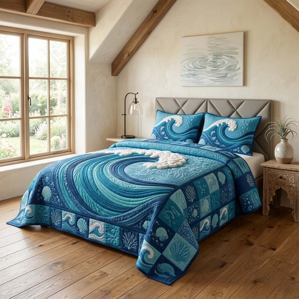 Ocean Wave 3-Piece Quilted Bedding Set GFTOQM3711