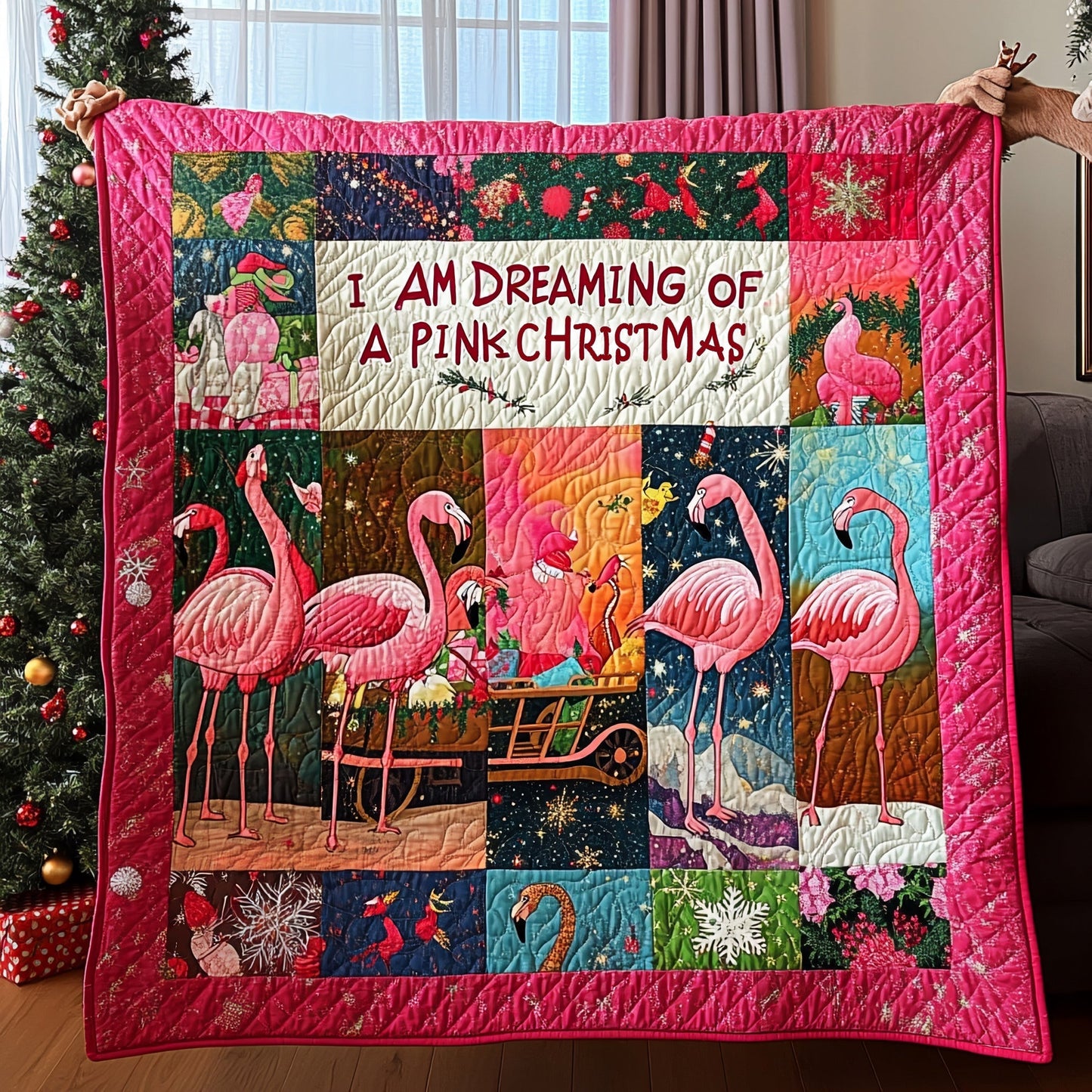I'm Dreaming Of A Pink Christmas Flamingo Quilted Blanket CFMNL11