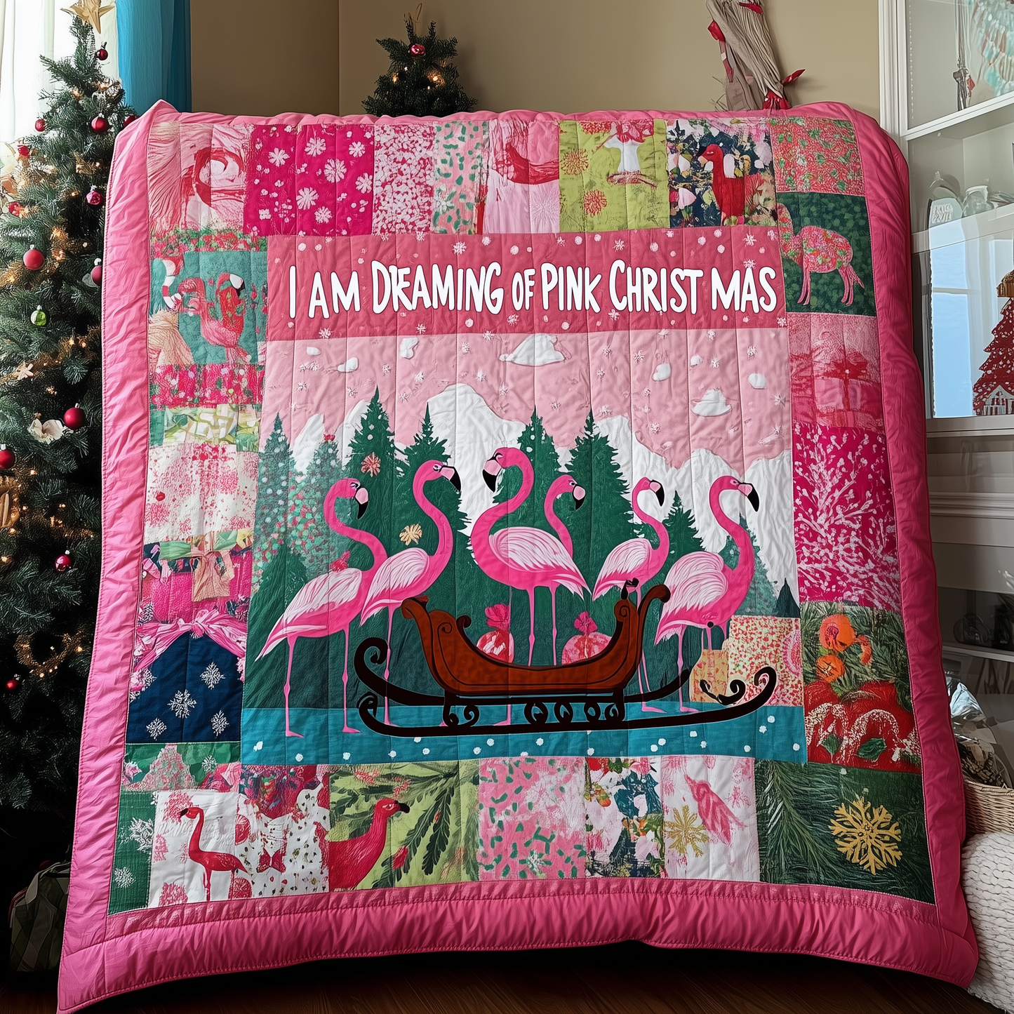 I'm Dreaming Of A Pink Christmas Flamingo Quilted Blanket CFMNL07