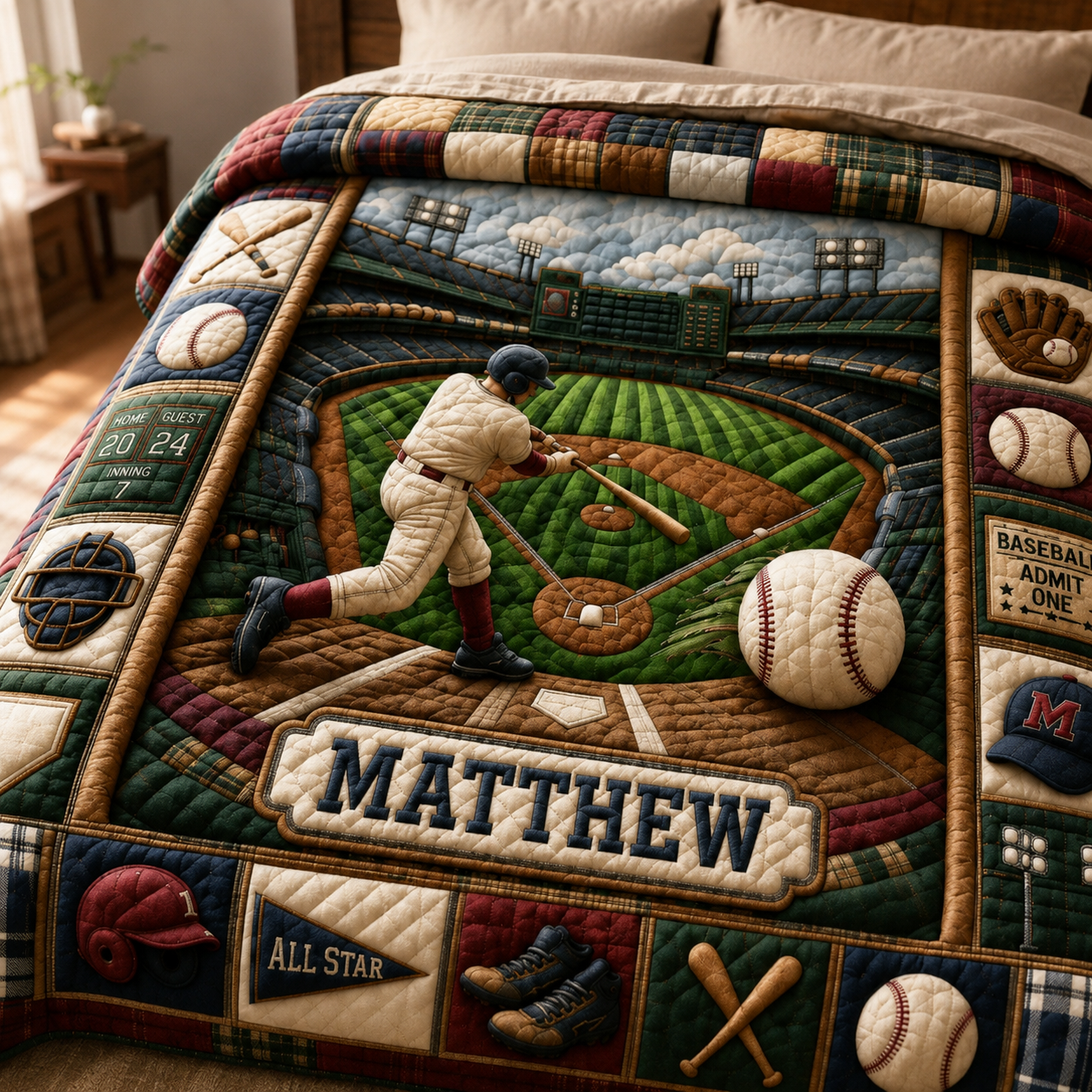 Personalized Baseball Grand Slam 3-Piece Quilted Bedding Set QTCUZ GFTOHNL1172