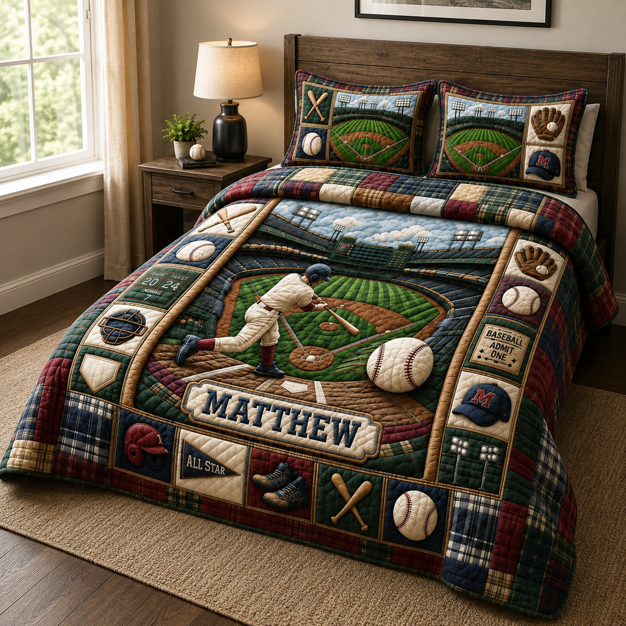 Personalized Baseball Grand Slam 3-Piece Quilted Bedding Set QTCUZ GFTOHNL1172