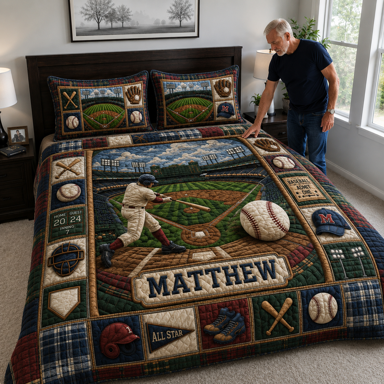 Personalized Baseball Grand Slam 3-Piece Quilted Bedding Set QTCUZ GFTOHNL1172