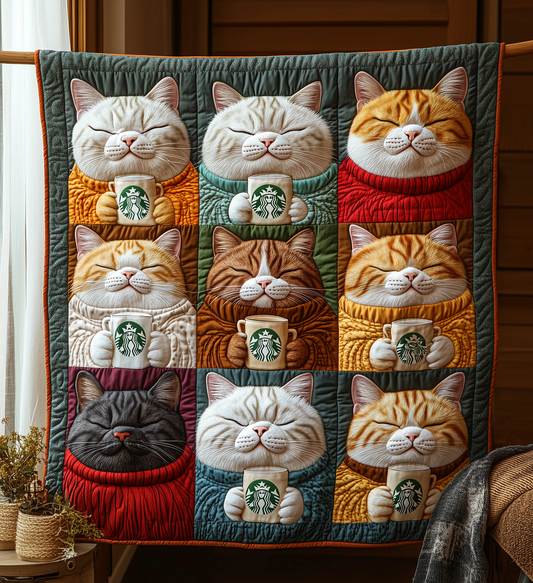 Royal Cats Drinking Coffee Quilted Blanket NKL002