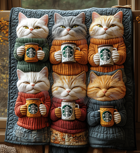 Royal Cats Drinking Coffee Quilted Blanket NKL005