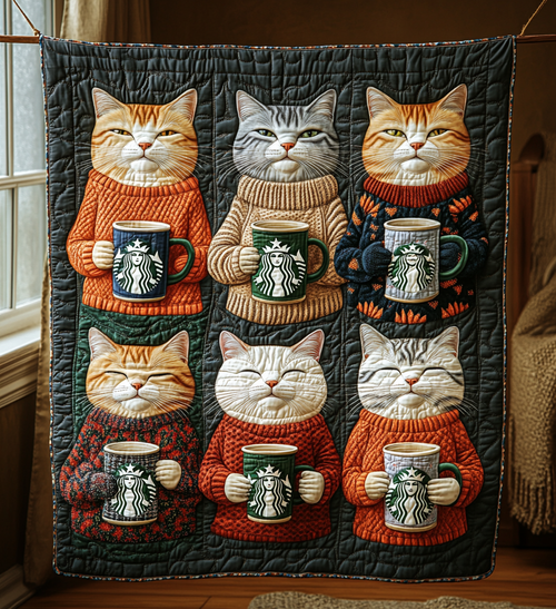 Royal Cats Drinking Coffee Quilted Blanket NKL006