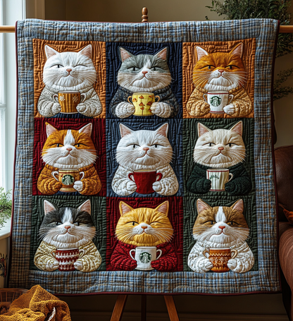 Royal Cats Drinking Coffee Quilted Blanket NKL007