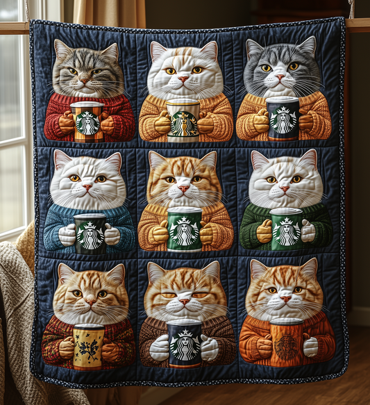 Royal Cats Drinking Coffee Quilted Blanket NKL011