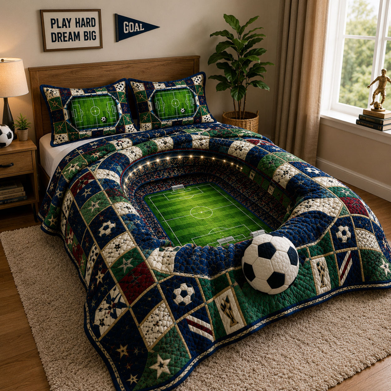 Stadium Arena Soccer Field 3-Piece Quilted Bedding Set GFTOHNL344