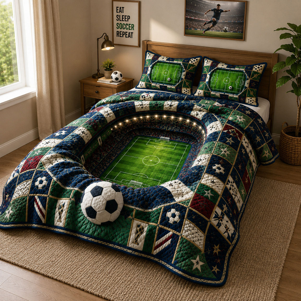 Stadium Arena Soccer Field 3-Piece Quilted Bedding Set GFTOHNL344