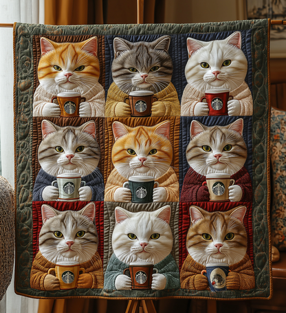 Drinking Coffee Royal Cats Quilted Blanket NKL001